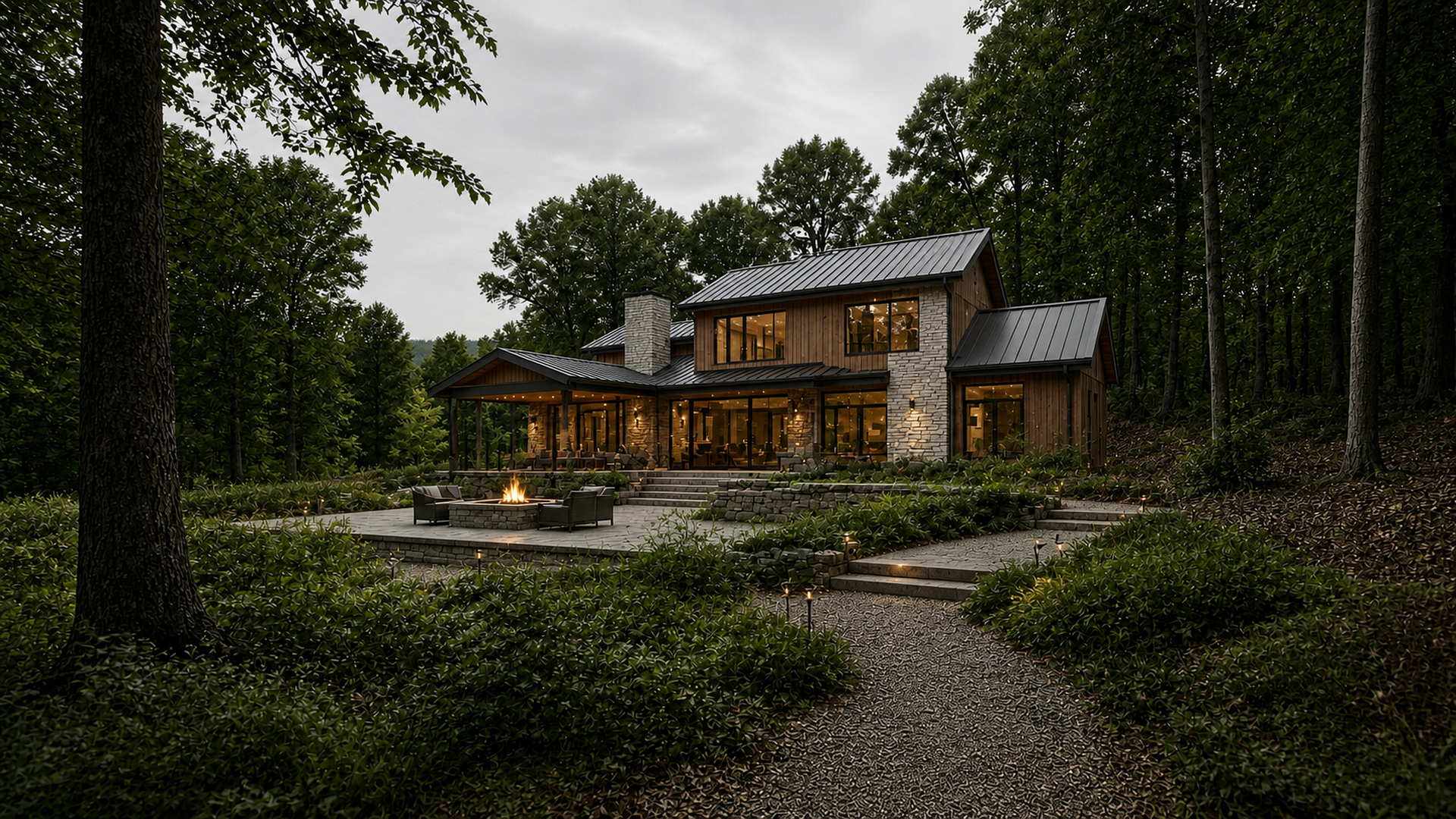 Fictional finished woodland home with stone hardscape and layered landscaping